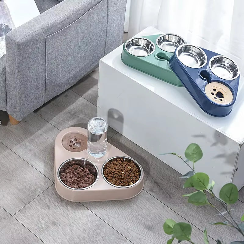 Dog and Cat Self-Service Feeder Anti-Knock Double Bowl Water Bottle Pet Supplies Stainless Steel Feeder Cat Drinking Fountain