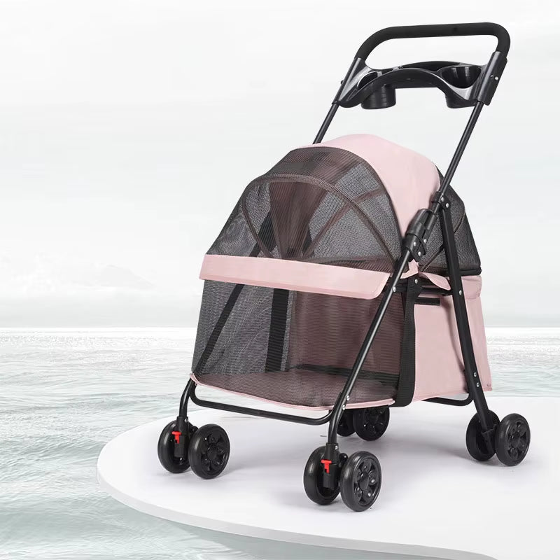 Small Animal Carrier, Outdoor Foldable Pet Trolley with 4 Wheels, Multifunctional Breathable Pet Stroller, Dog and Cat Cart