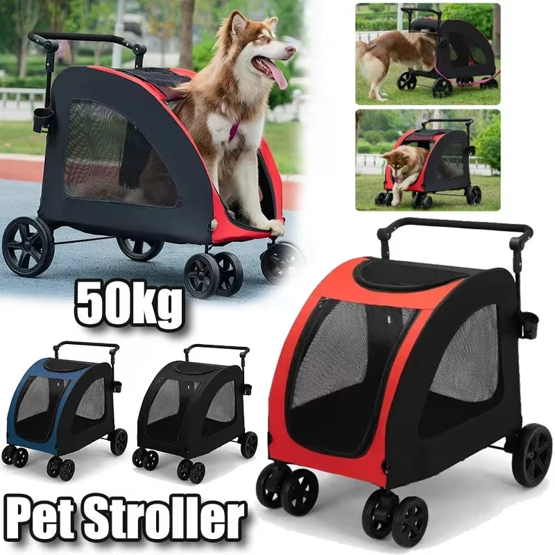 Foldable Large Dog Pet Stroller Large Space Breathable Mesh Dog and Cat Stroller for 50KG Large Dog Walking Transport Car