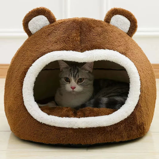 Brown Cat Bed Warm Pet House Soft Long Plush Kitten Lounger Cushion Small Dogs Tent Cave Beds for Cozy Cat House Mat Supplies