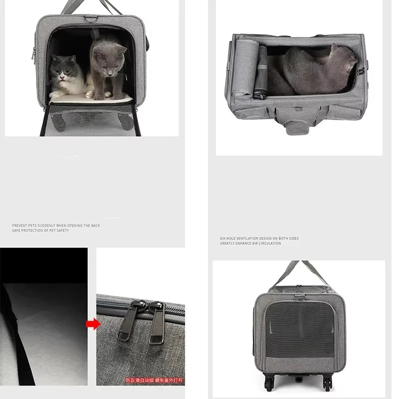 Portable Pet Trolley Case Detachable Universal Wheel Breathable Foldable Large Capacity Puppy Travel Bag Breathable Cat Carrier