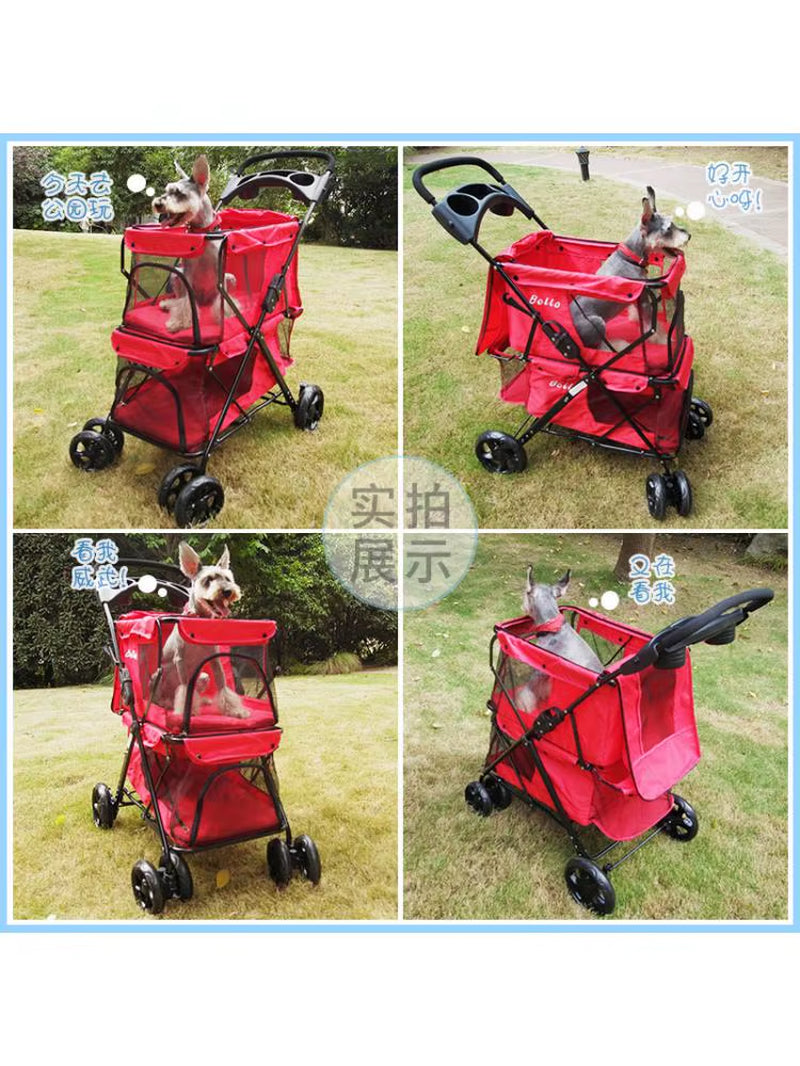 Portable Folding Double-Layer Pet Stroller for 2 Dogs with Large Space Four-Wheeled Double Dog Strollers Sale Outdoor Travel