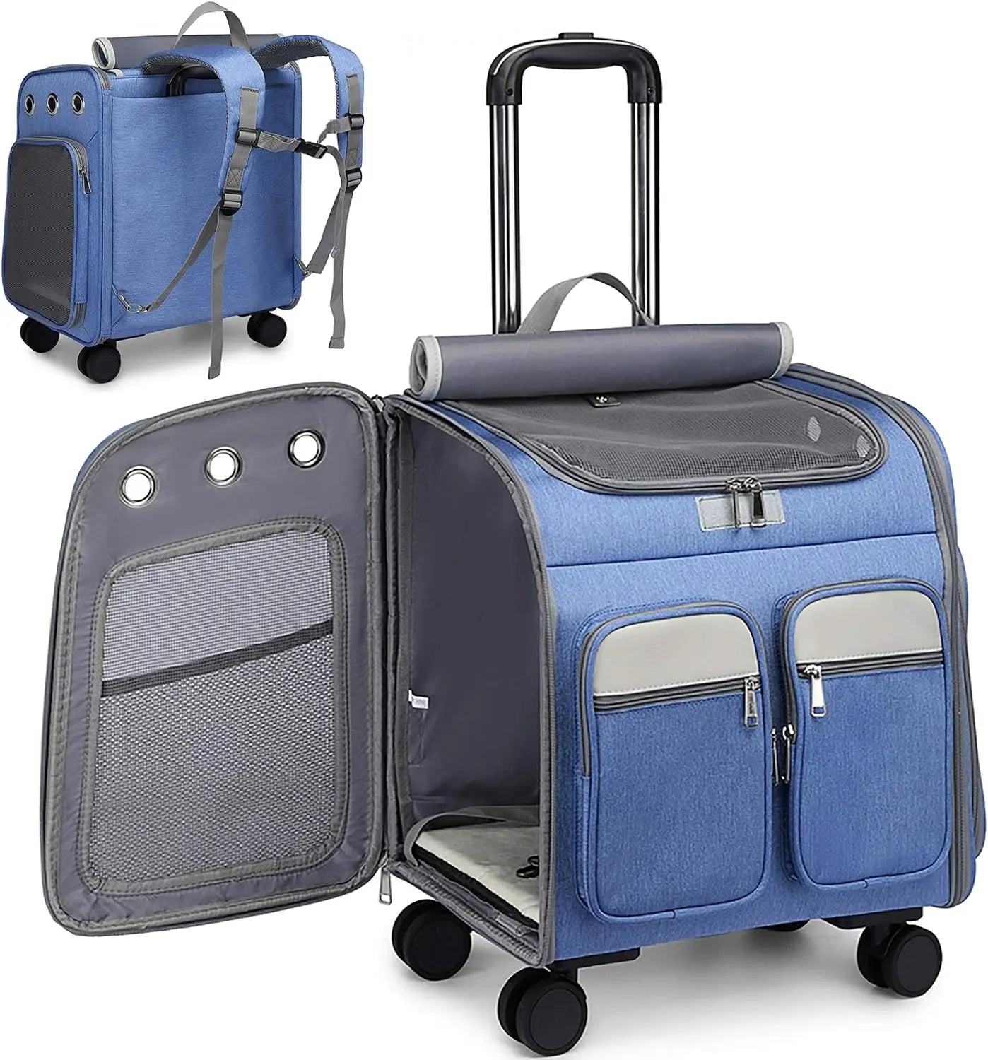 Wheeled Pet Carrier Backpack Pet Stroller, Travel Carrier, Car Seat for Small Dogs Cats Puppies, Comfort Cat Backpack