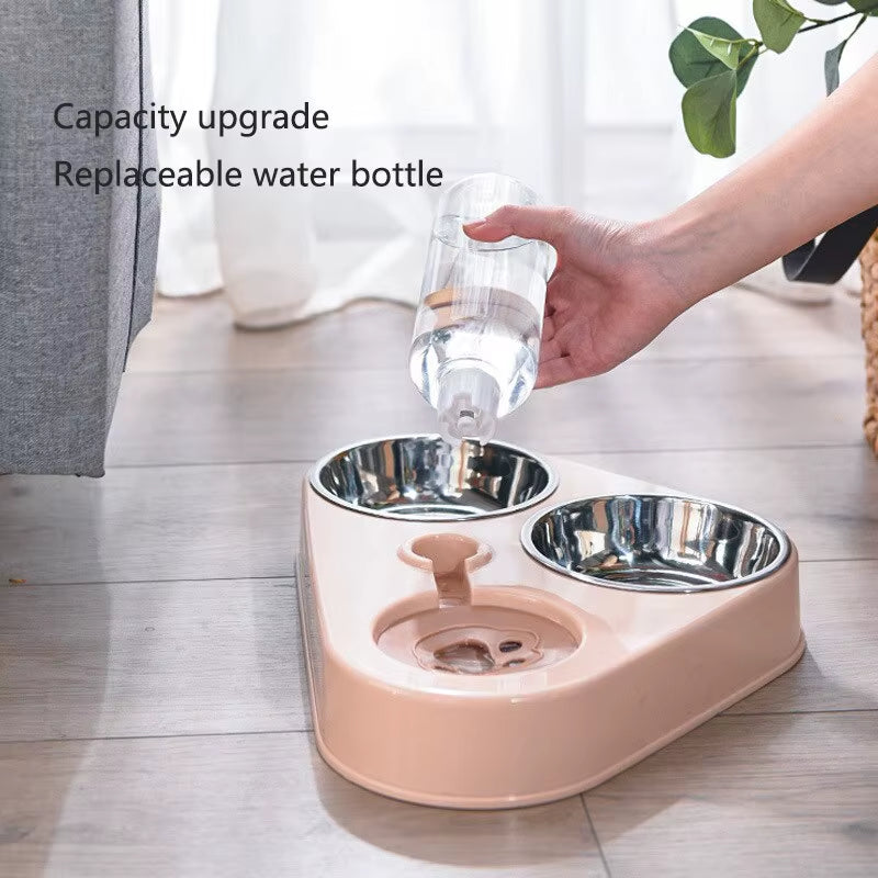 Dog and Cat Self-Service Feeder Anti-Knock Double Bowl Water Bottle Pet Supplies Stainless Steel Feeder Cat Drinking Fountain