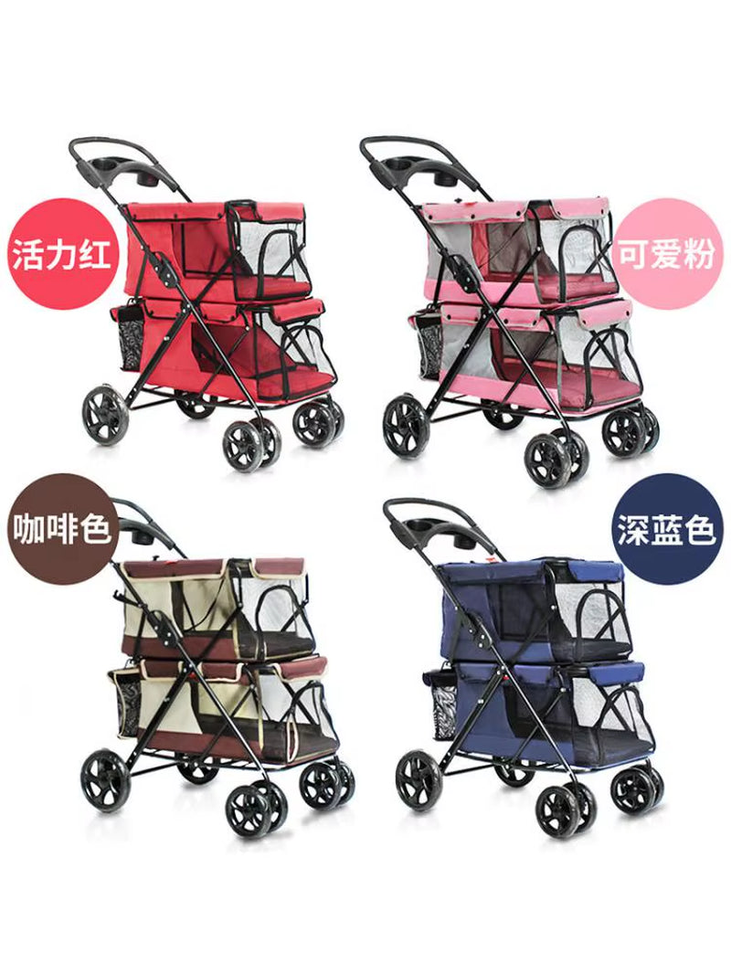 Portable Folding Double-Layer Pet Stroller for 2 Dogs with Large Space Four-Wheeled Double Dog Strollers Sale Outdoor Travel