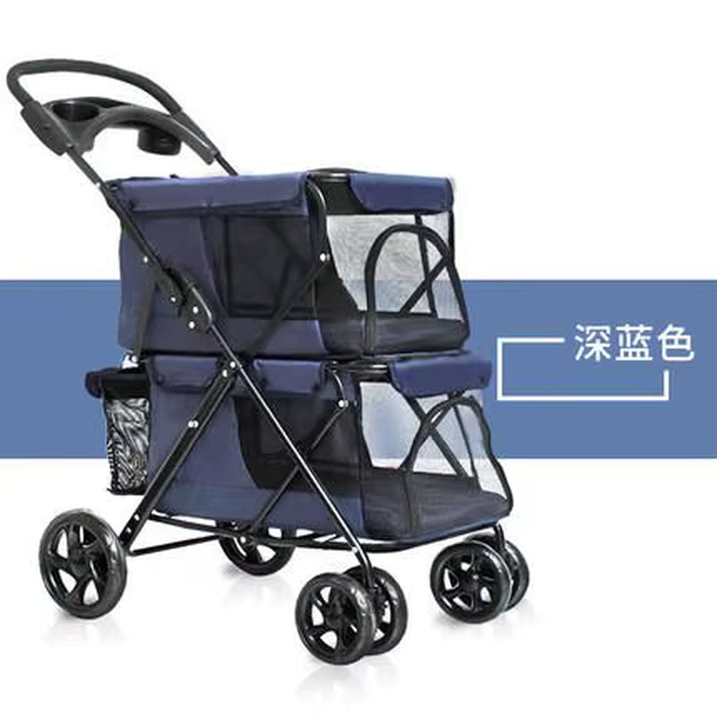 Portable Folding Double-Layer Pet Stroller for 2 Dogs with Large Space Four-Wheeled Double Dog Strollers Sale Outdoor Travel
