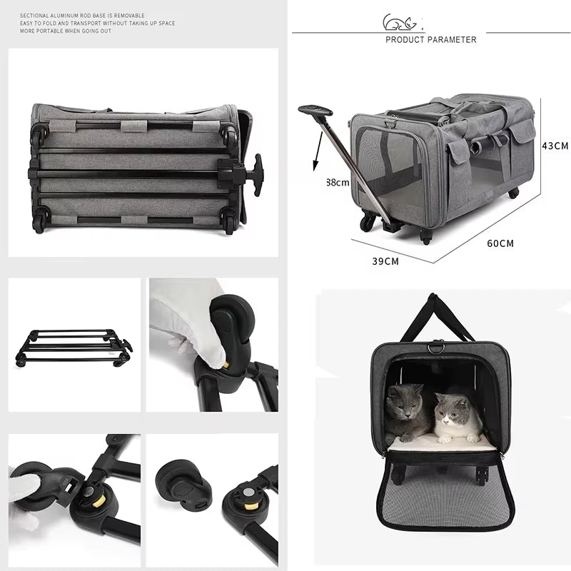 Portable Pet Trolley Case Detachable Universal Wheel Breathable Foldable Large Capacity Puppy Travel Bag Breathable Cat Carrier