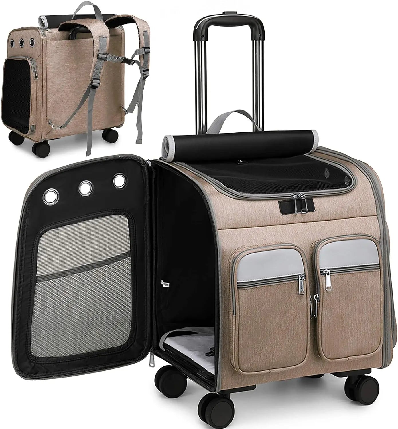 Wheeled Pet Carrier Backpack Pet Stroller, Travel Carrier, Car Seat for Small Dogs Cats Puppies, Comfort Cat Backpack