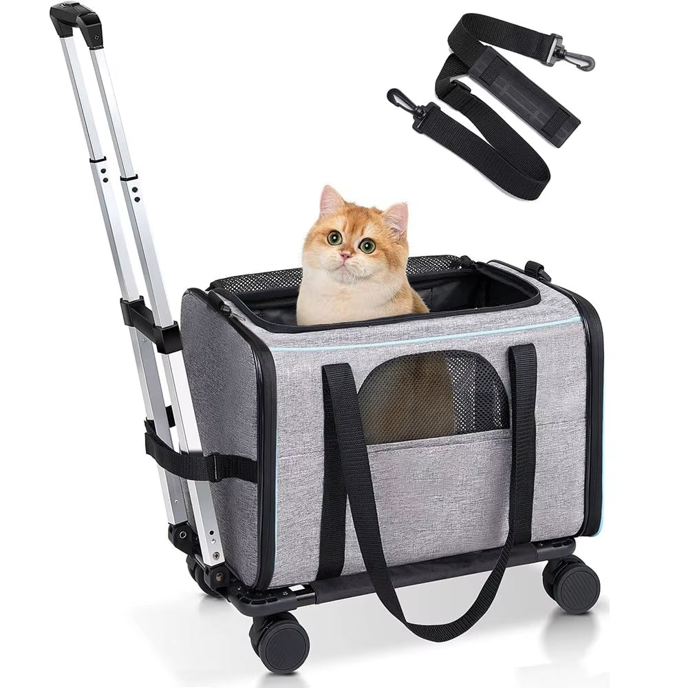 Pet Trolley Bag Detachable Rolling Carrier for Small Dogs Cats Portable Travel Carrier with Telescopic Handle and Shoulder Strap