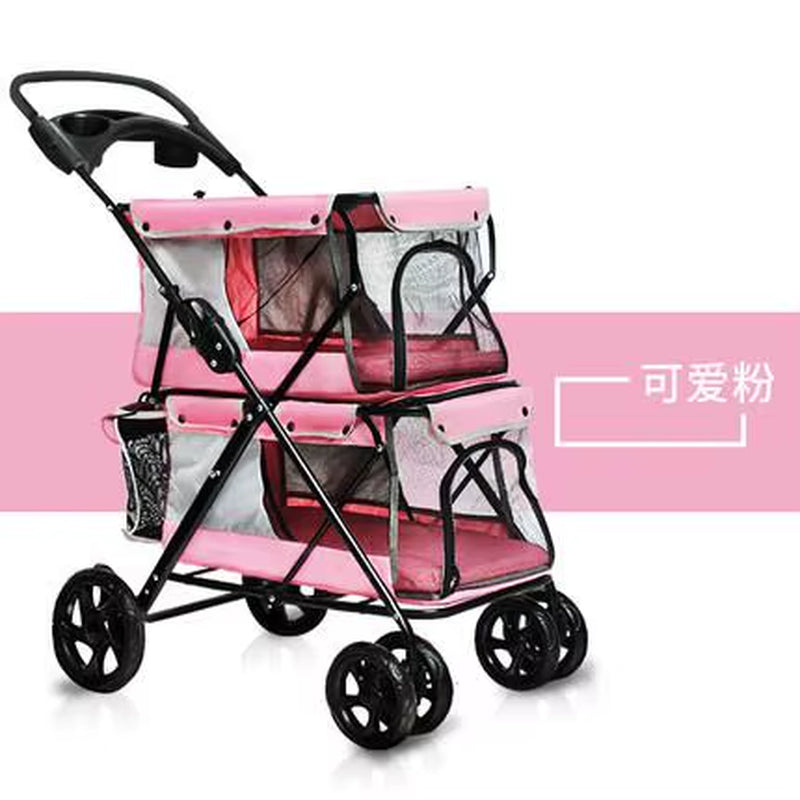 Portable Folding Double-Layer Pet Stroller for 2 Dogs with Large Space Four-Wheeled Double Dog Strollers Sale Outdoor Travel