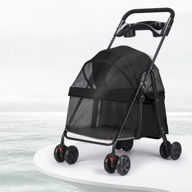 Small Animal Carrier, Outdoor Foldable Pet Trolley with 4 Wheels, Multifunctional Breathable Pet Stroller, Dog and Cat Cart