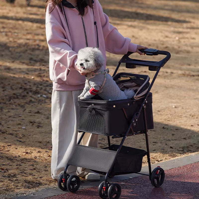 Pet Stroller Foldable Dog Walking Cat Stroller with Storage Basket Collapsible Puppy Jogging Pet Cart for Daily Pet Supplies