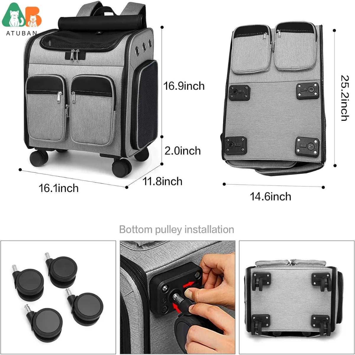 Wheeled Pet Carrier Backpack Pet Stroller, Travel Carrier, Car Seat for Small Dogs Cats Puppies, Comfort Cat Backpack