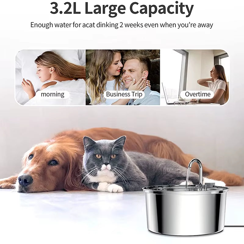 3.2L Cat Automatic Water Dispenser Pet Smart Induction Water Feeder USB with Filter Stainless Steel Dog Feeder Pet Supplies