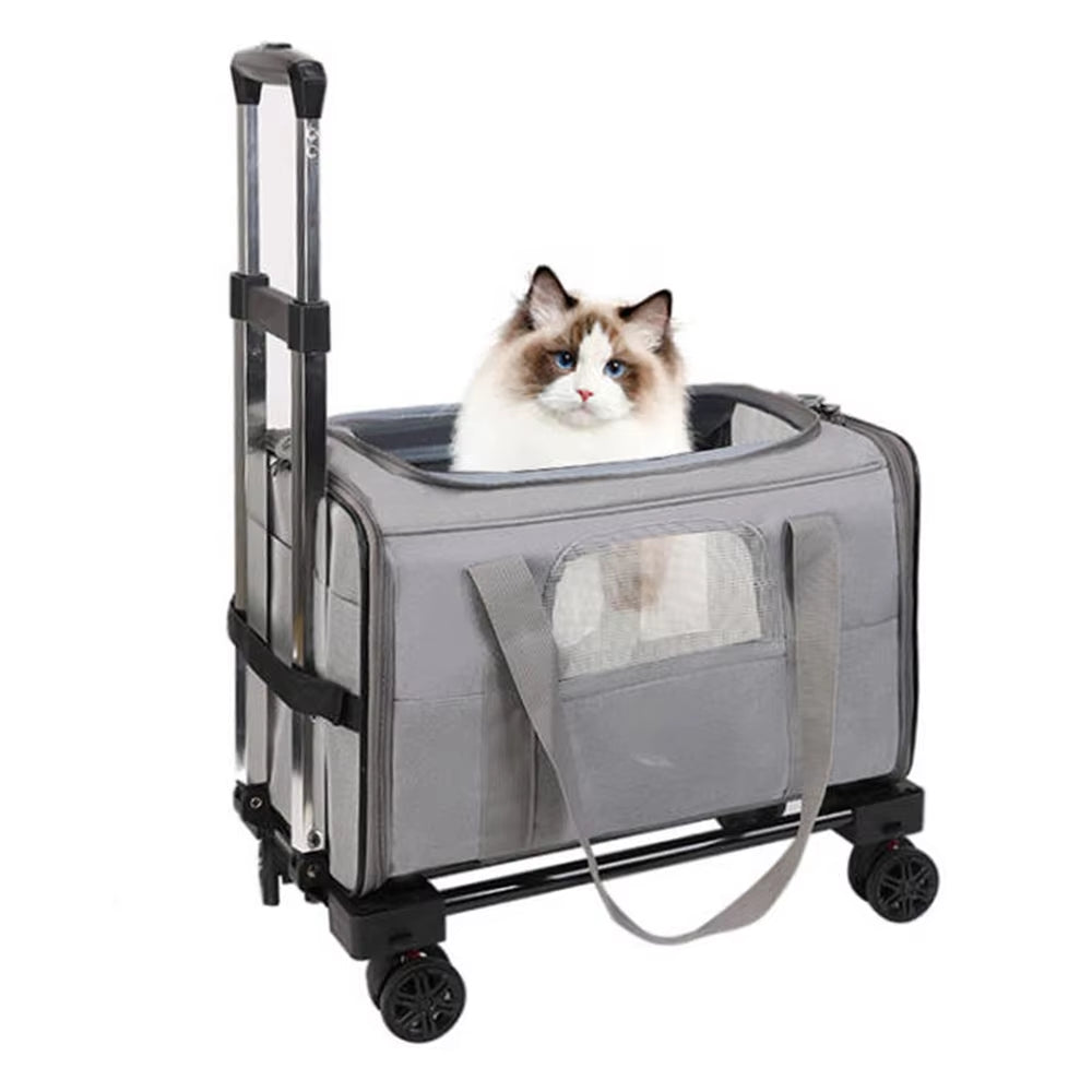 Pet Trolley Bag Detachable Rolling Carrier for Small Dogs Cats Portable Travel Carrier with Telescopic Handle and Shoulder Strap